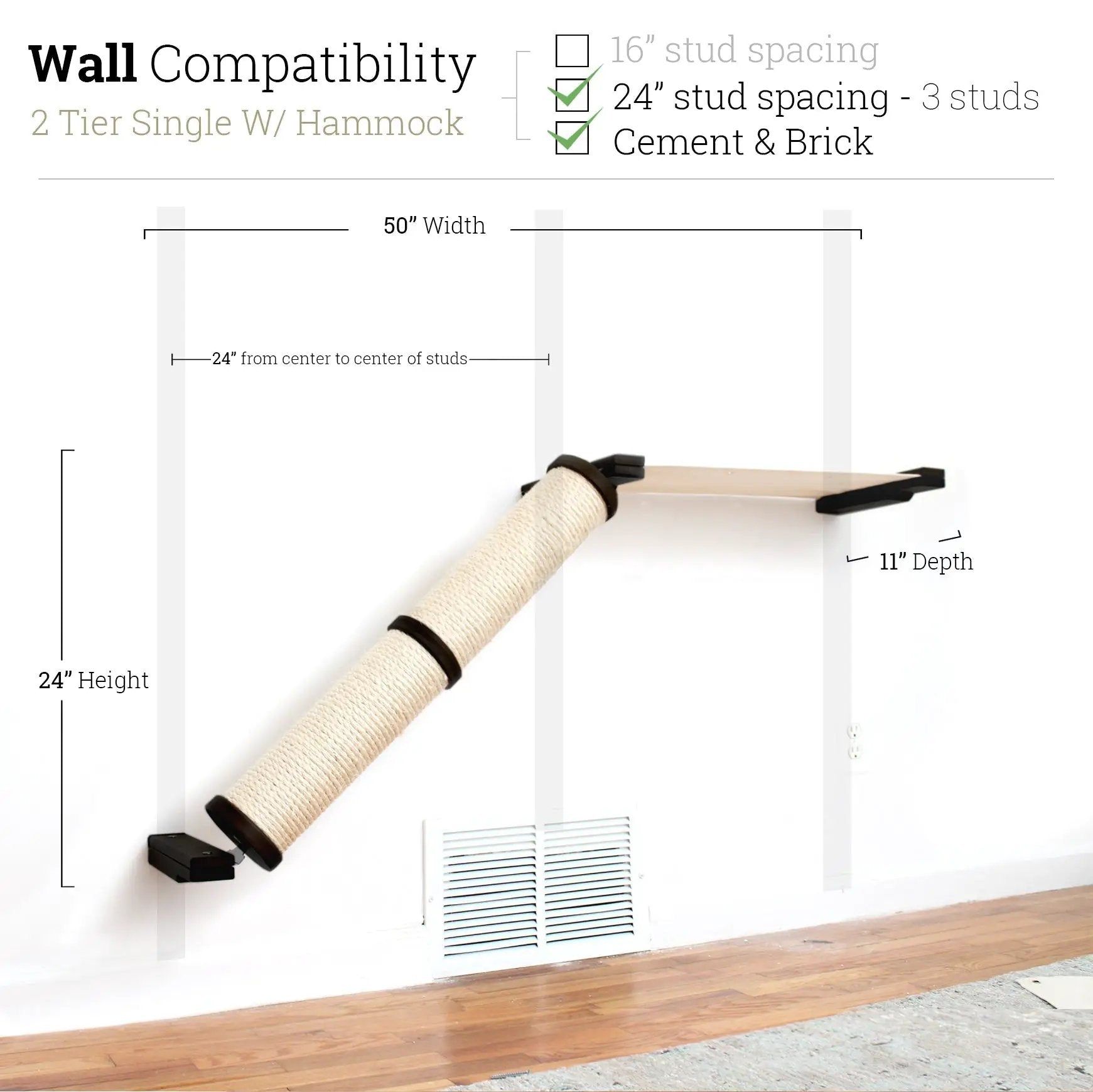 Catastrophic Creations slanted wall cat scratcher with sisal-wrapped ramp and black brackets, 24in tall, 50in wide