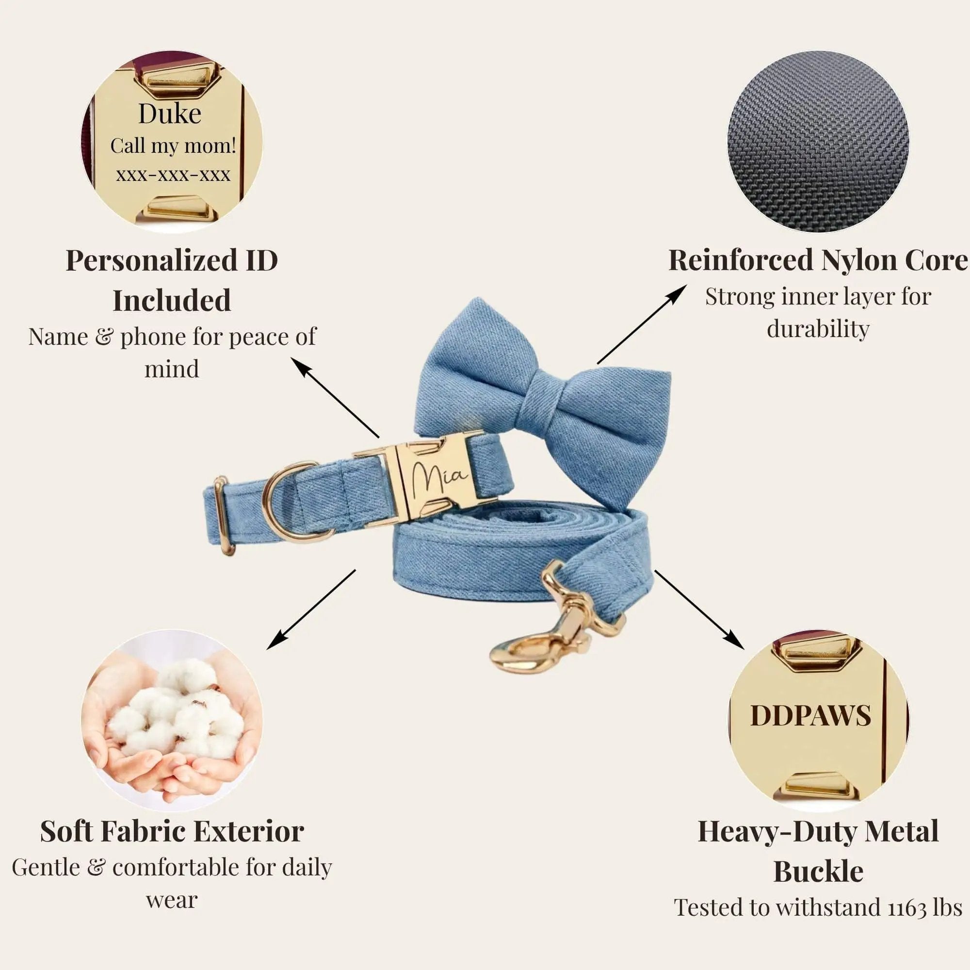 Luxury Blue Denim Dog Harness Leash Bow Tie Set Personalized Buckle by DDPaws