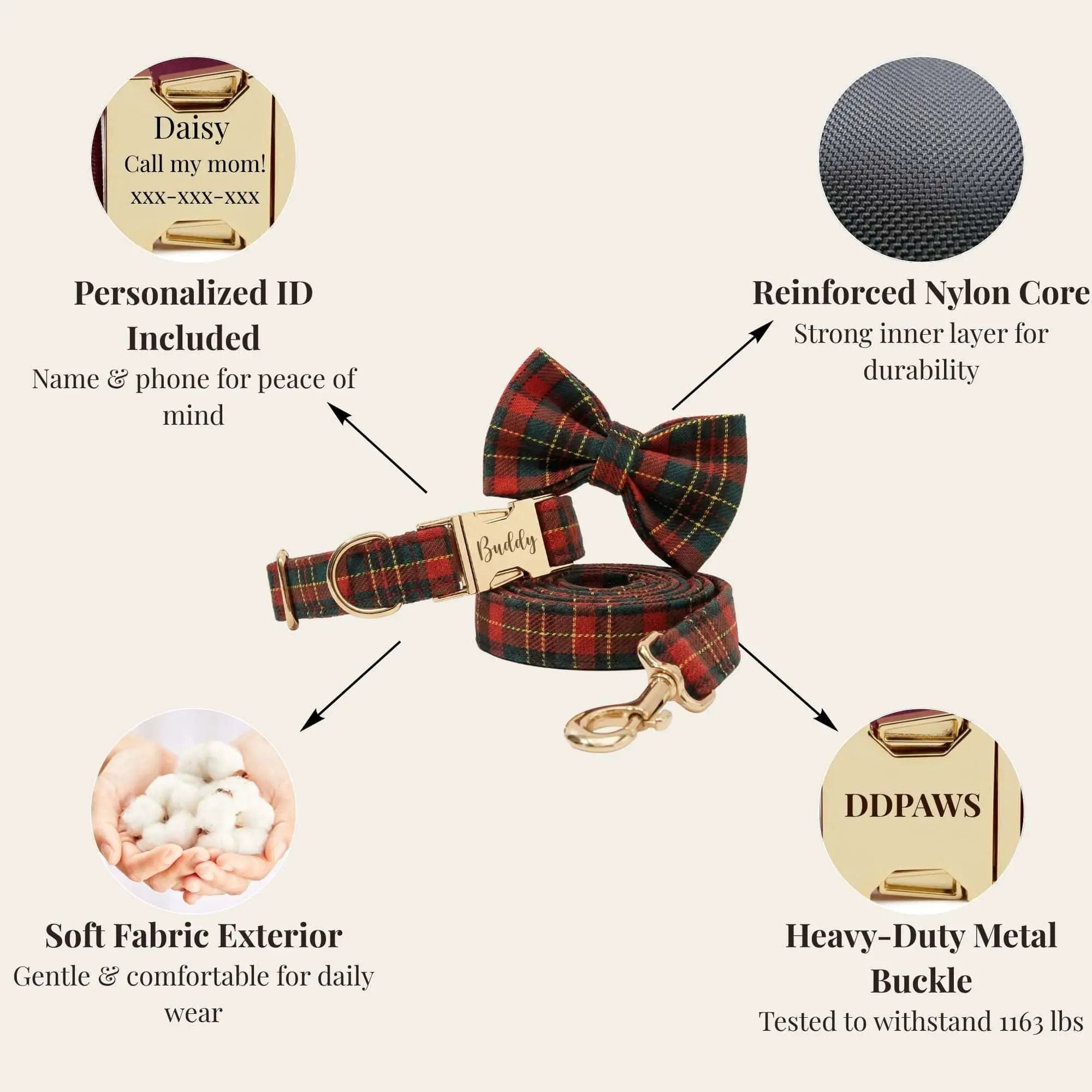 Red Tartan Christmas No Pull Dog Harness Set With Leash Personalized by DDPaws