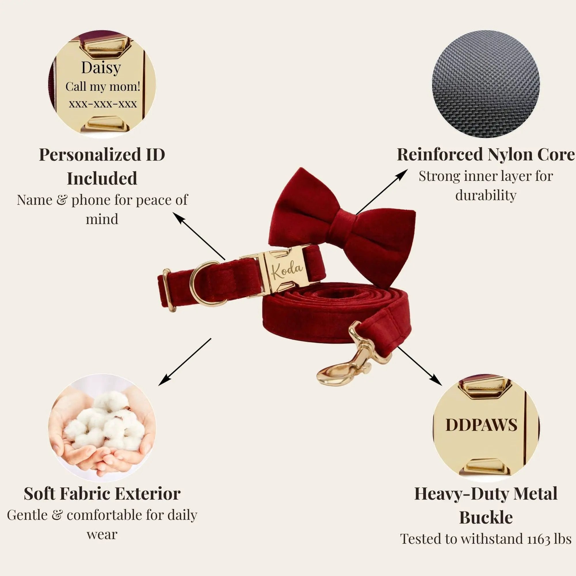 Red Wine Velvet Dog Harness Collar Leash Set Elegant Walking Wear by DDPaws