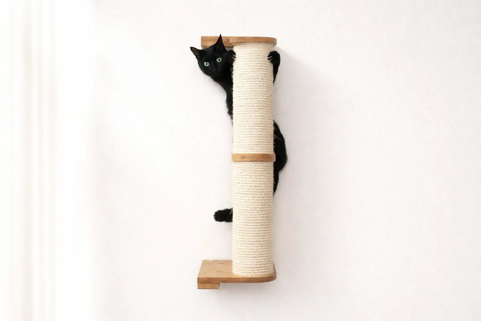 Wall Mounted Cat Climbing Pole - Sisal; Catastrophic Creations post wrapped in sisal with wood mounts and a cat climbing.