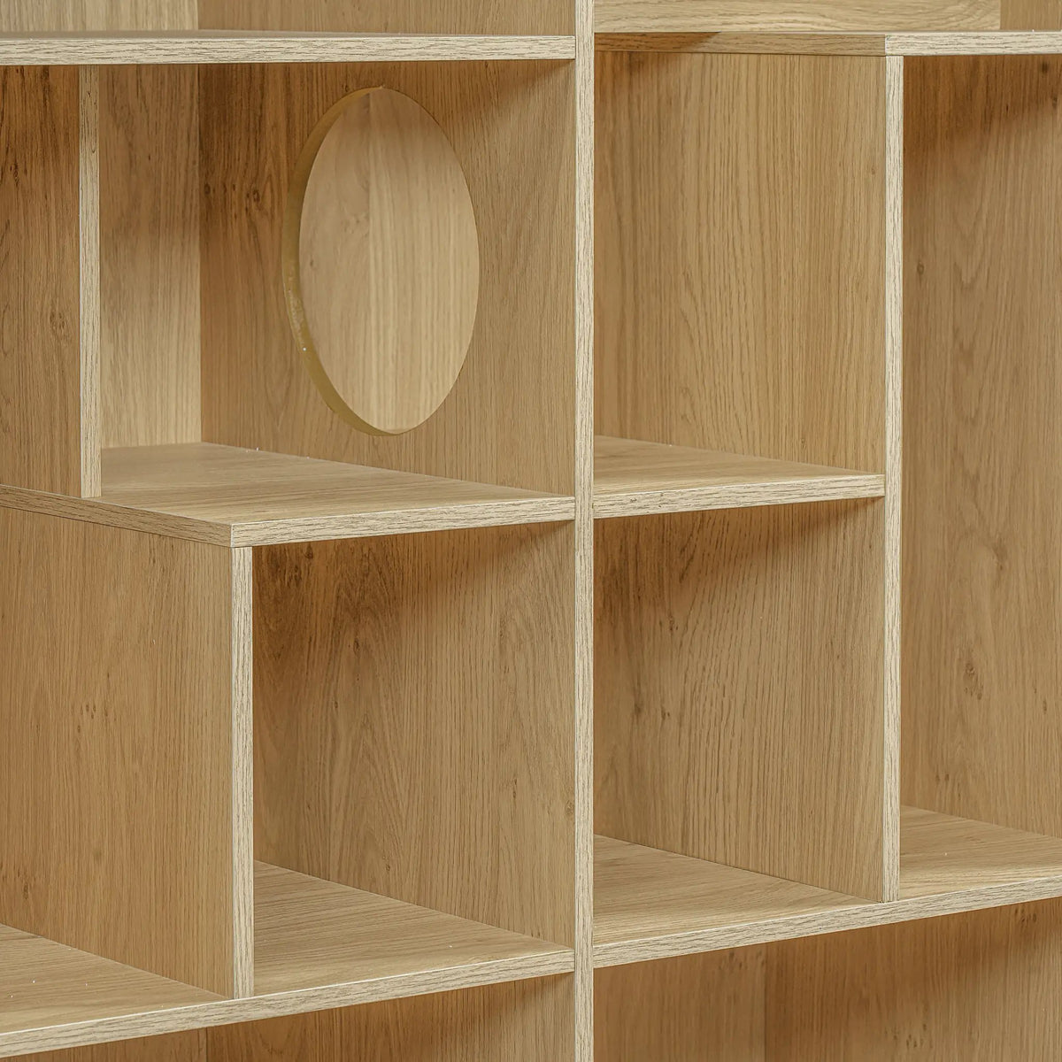 Modern 2-in-1 wooden cat house bookshelf by Sangria Beech in natural beech, with circular entry hole.
