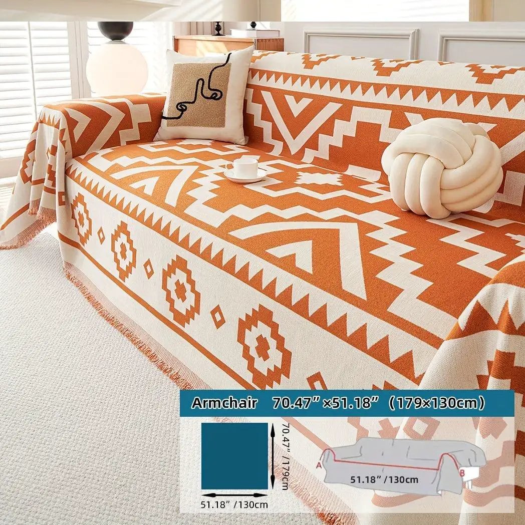 Boho-Chic All-Season Sofa Cover; orange geometric print, pet-proof couch cover
