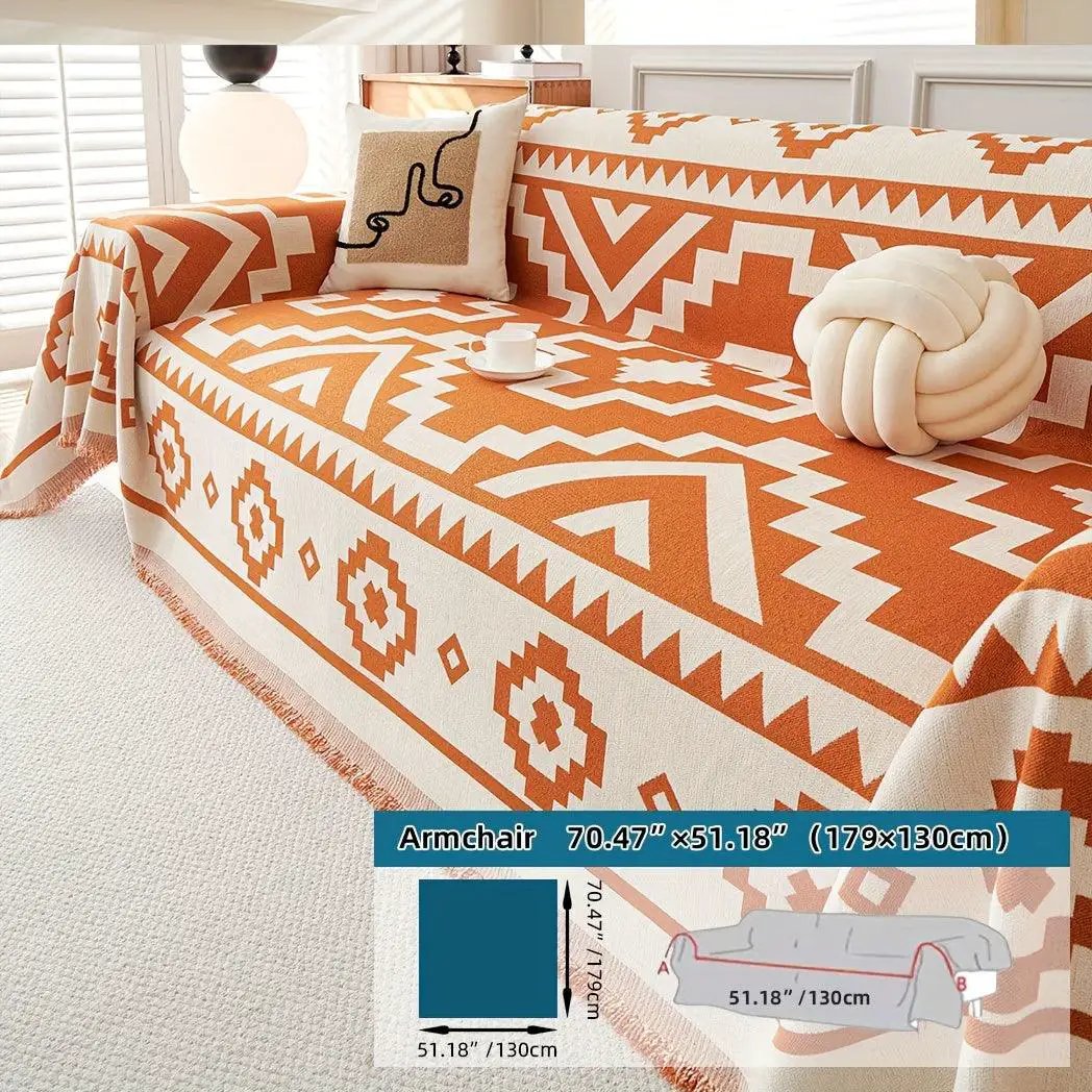 Boho-Chic All-Season Sofa Cover; orange geometric print, pet-proof couch cover