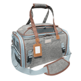 Load image into Gallery viewer, Mr. Peanut's Gold Series Mini Expandable V3.0 Pet Carrier; grey fabric, brown trim, blue zippers, air travel approved.

