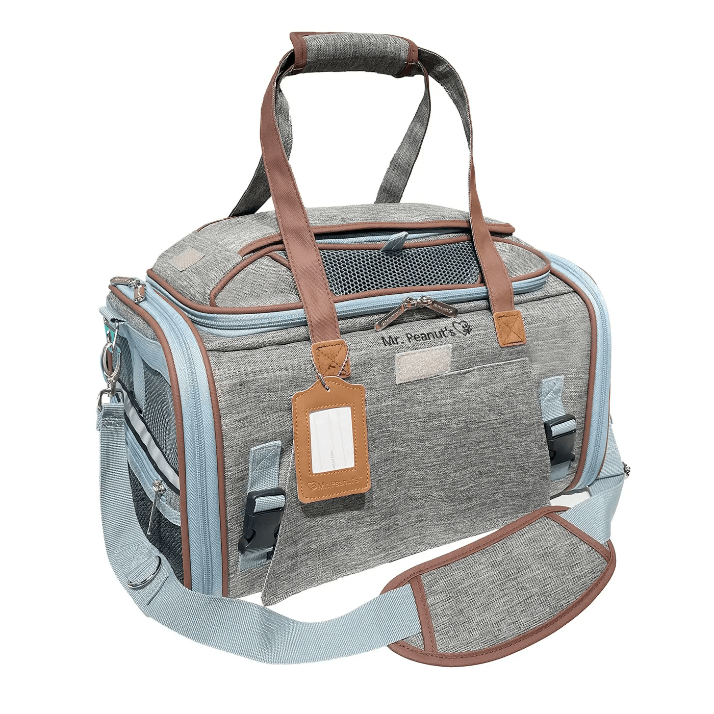Mr. Peanut's Gold Series Mini Expandable V3.0 Pet Carrier; grey fabric, brown trim, blue zippers, air travel approved.