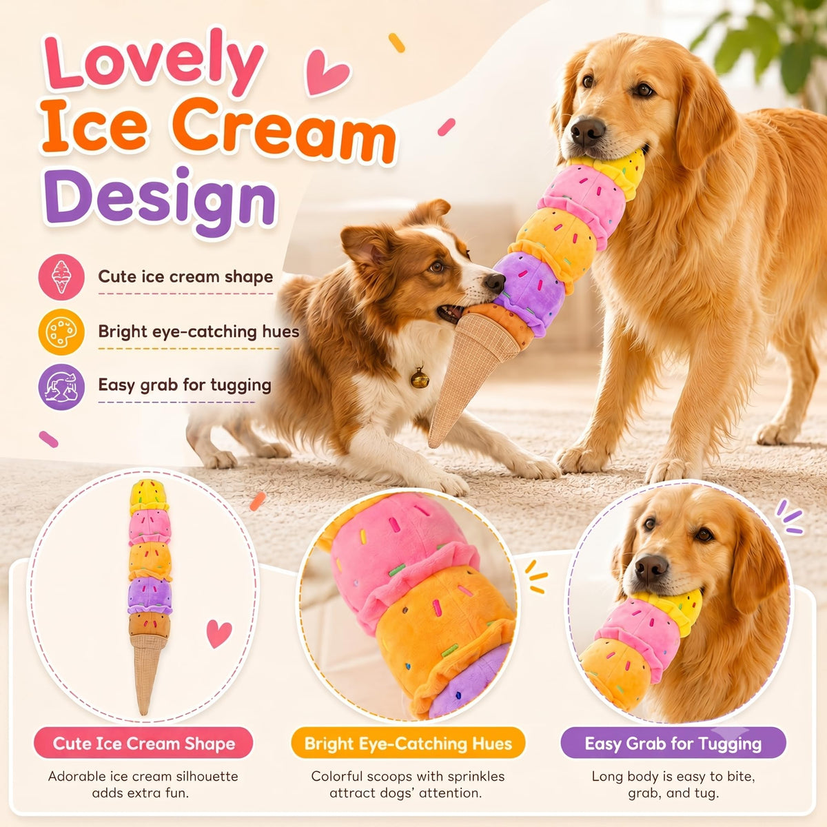 Dogs playing with long ice cream toy