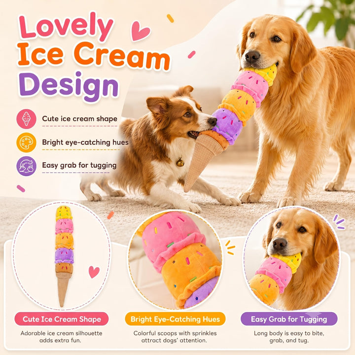 Dogs playing with long ice cream toy