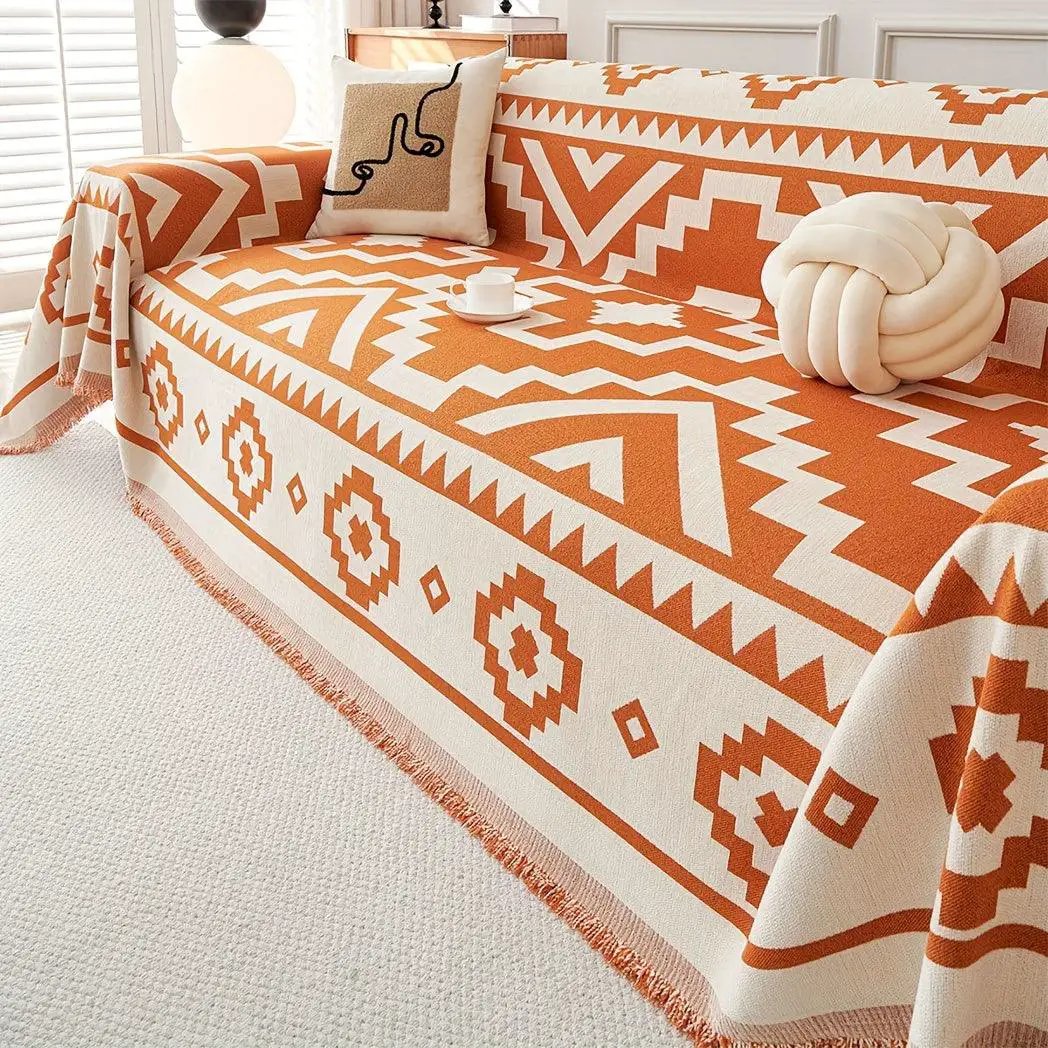 Boho-Chic all-season sofa cover by topspet in orange and white geometric pattern