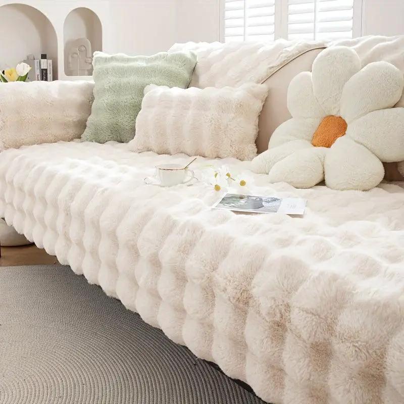 Molly Mutt Couch Cover by topspet; plush cream faux fur sofa protector with non-slip fit