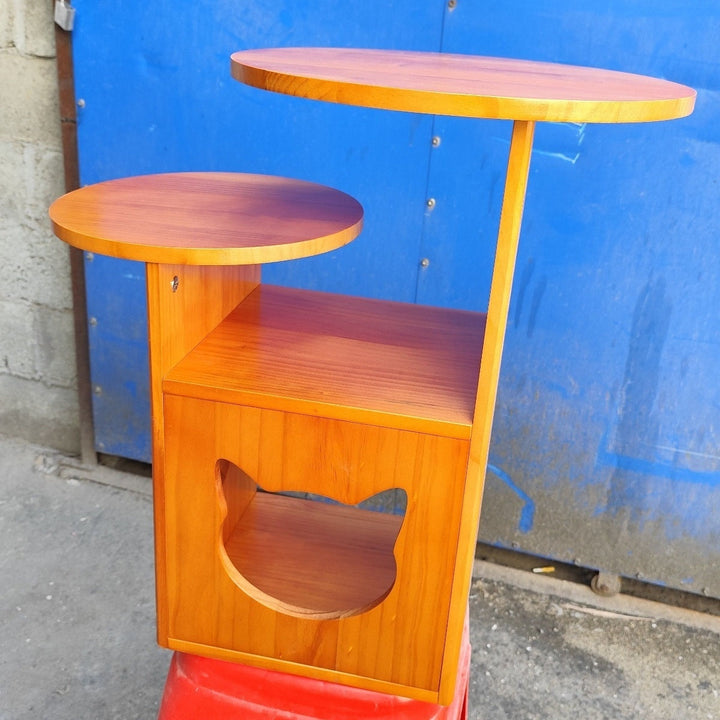 Cherry-color pine cat side table