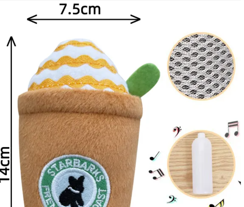 Puppaccino dog toy; plush ice-cream cone with brown cone, white swirl and green leaf, 14 cm tall