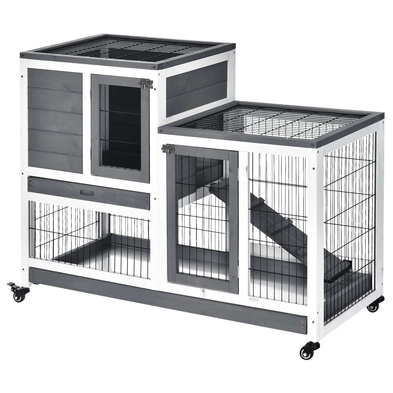 PawHut wooden rabbit hutch elevated bunny cage, white and gray frame with wire enclosure on caster wheels
