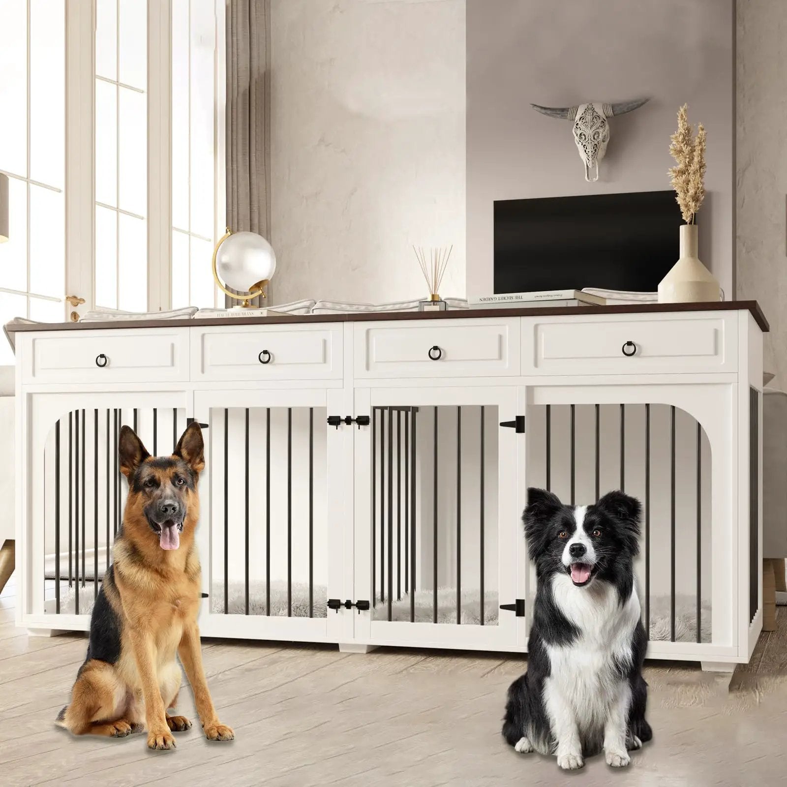 86.6" Large Dog Crate Furniture for 2 DogsXXXL Wooden Furniture Style Double Dog Crates Kennel Cage TV Stand End Table with 4 Drawers Divider LocksWhite - from For Animals, With Love