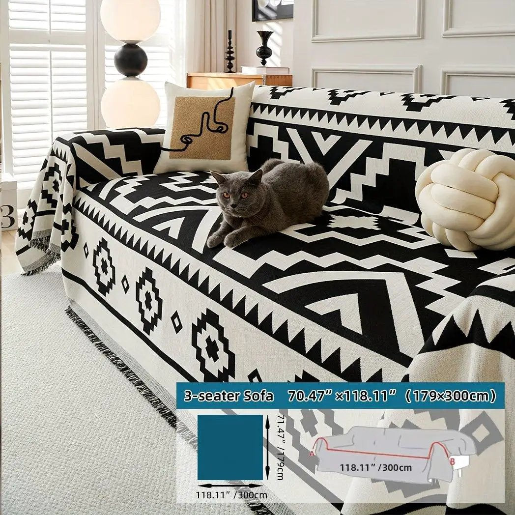 Boho-Chic All-Season Sofa Cover by topspet on a 3-seat sofa, light gray geometric pattern, pet-proof fabric.
