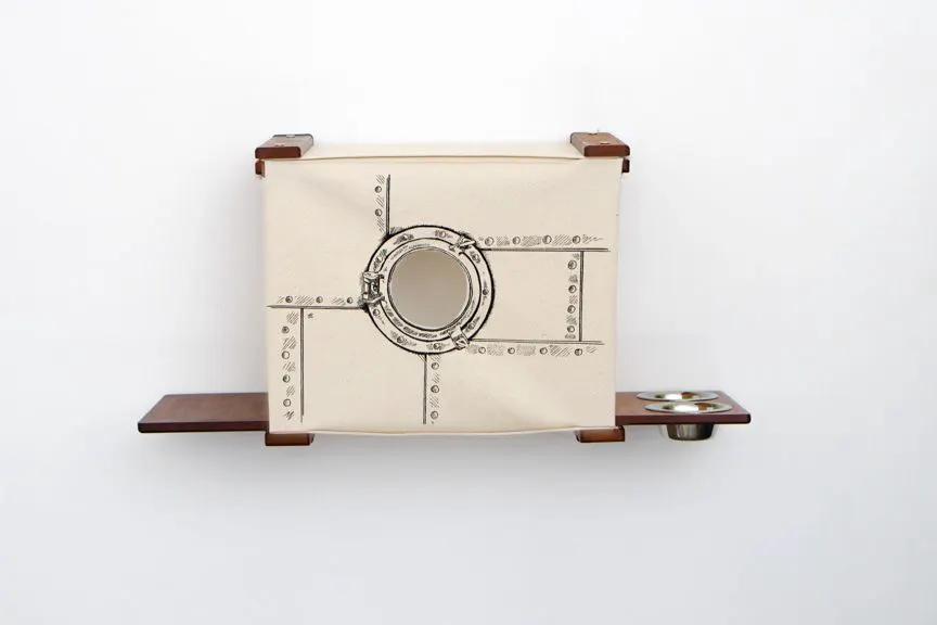 Deluxe Cat Cubby Bed by Catastrophic Creations - beige fabric cubby with round porthole and brown wood shelves