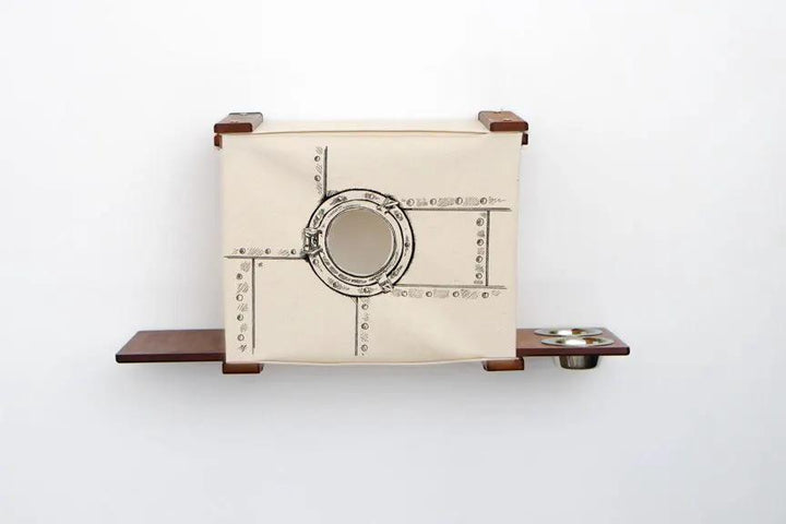 Deluxe Cat Cubby Bed by Catastrophic Creations - beige fabric cubby with round porthole and brown wood shelves