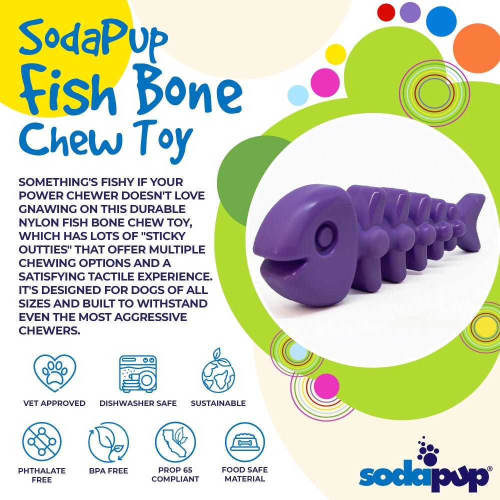 SodaPup Fish Bone nylon dog chew toy in purple and brown, view 4