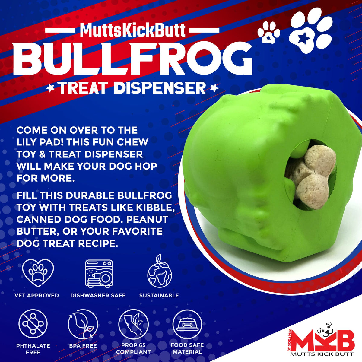 SodaPup Bull Frog rubber dog treat dispenser in green, view 2