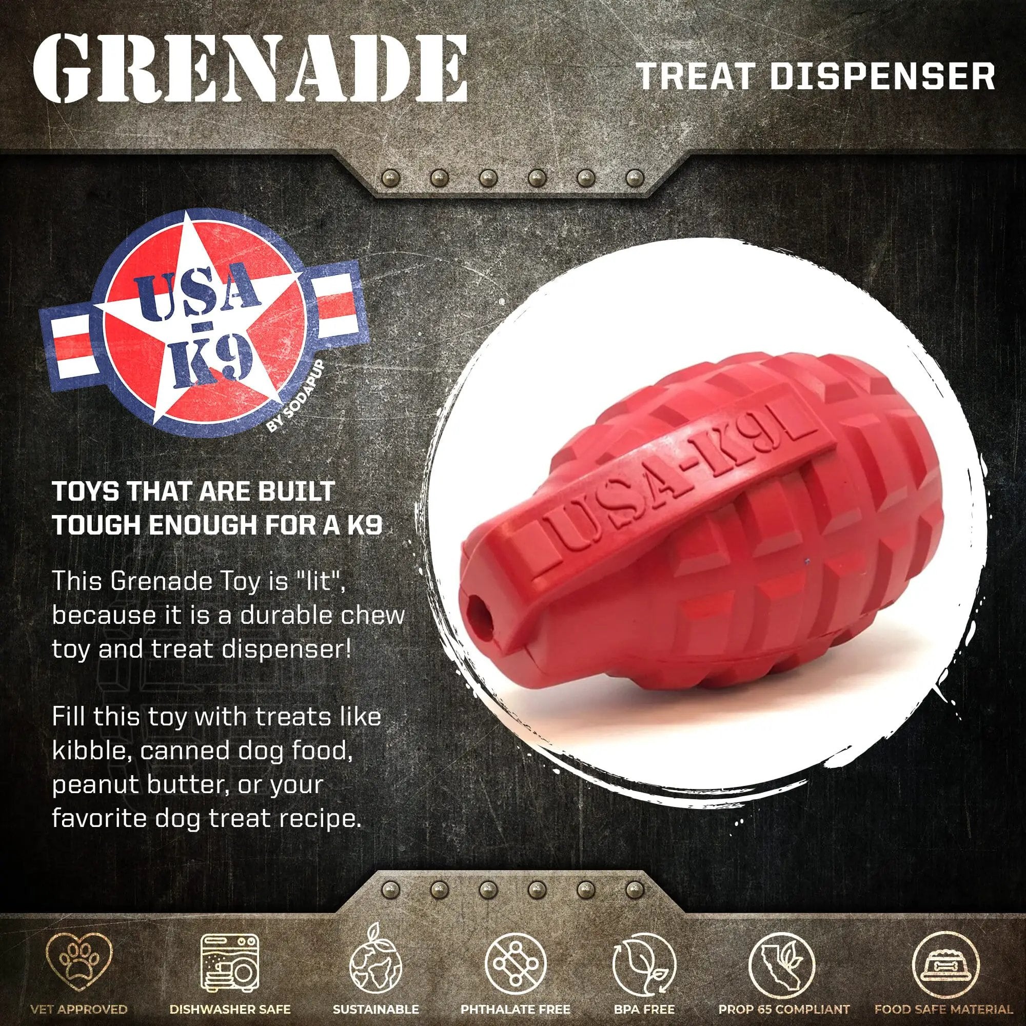 USA K9 Grenade Shaped Durable Heavy Duty Dog Chew Toy Treat Dispenser In Magnum Black For Power Chewers by SodaPup/True Dogs, LLC