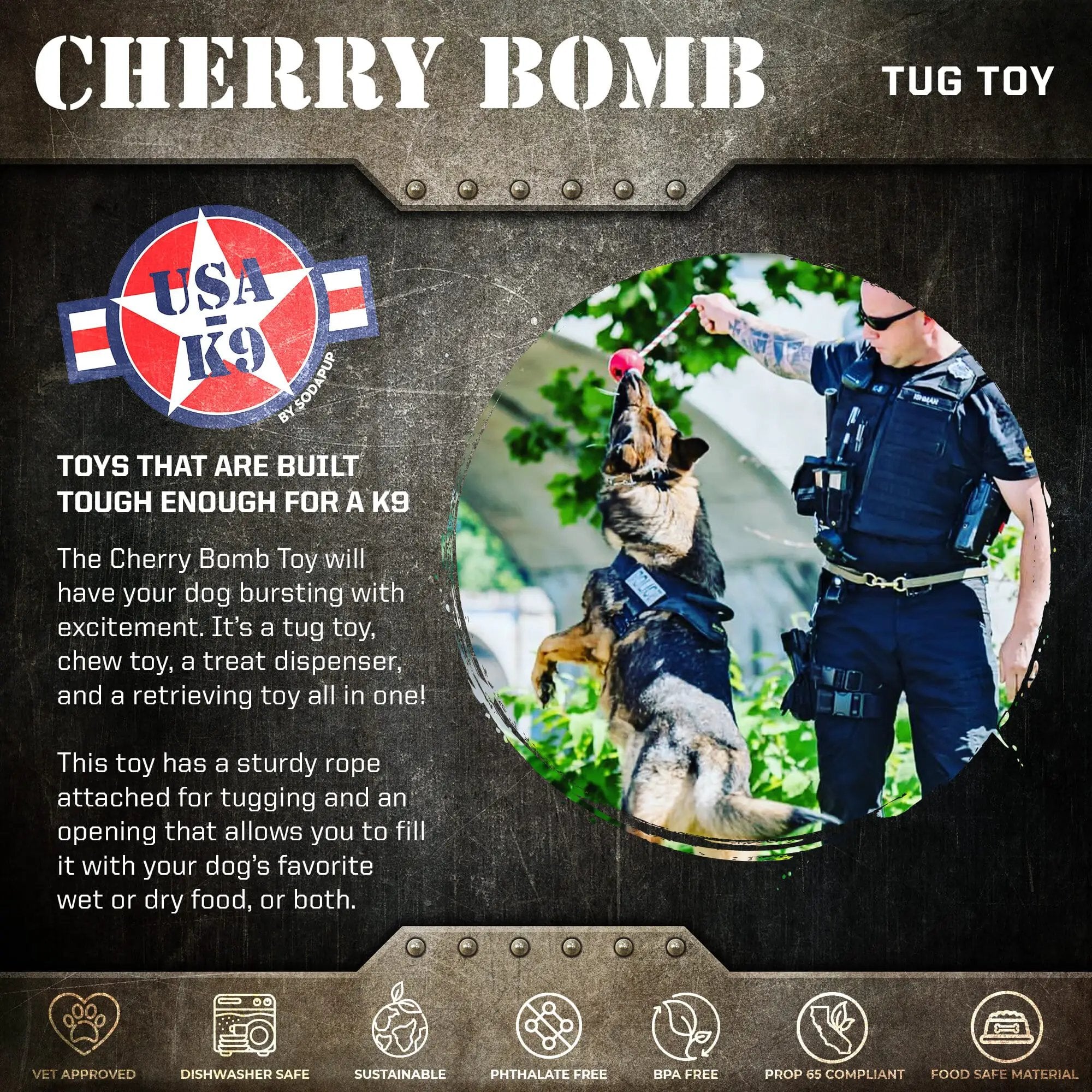 USA-K9 Cherry Bomb Gummi-Hundekauspielzeug | K9-Hundeführer-Belohnungsspielzeug | Hergestellt in den USA
