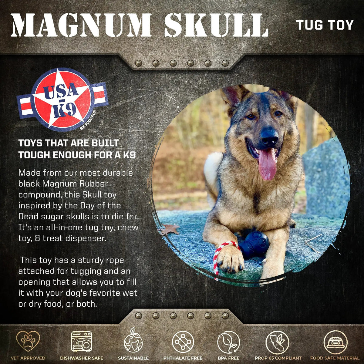 SodaPup USA-K9 Magnum Skull black rubber chew toy, view 2