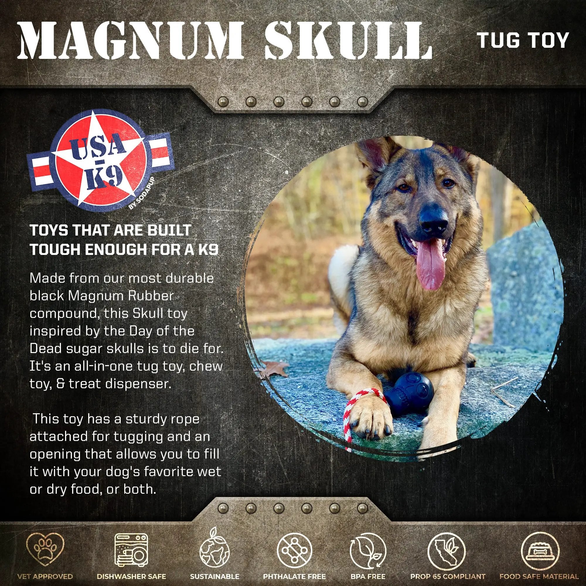 USA-K9 Magnum Skull Black Durable Rubber Chew Toy Extreme Chewers by SodaPup/True Dogs, LLC