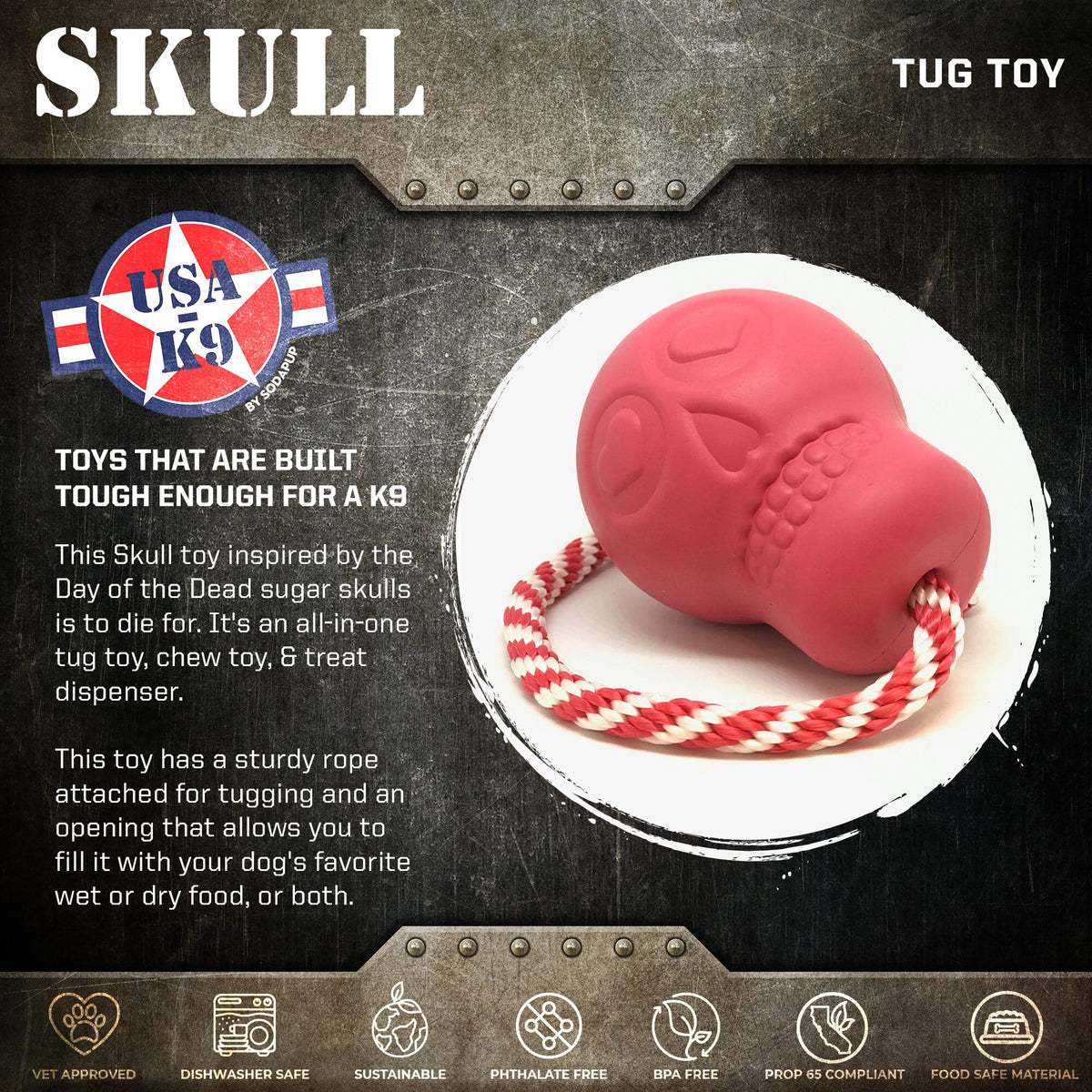 SodaPup USA-K9 pink skull rubber dog chew toy and treat dispenser, view 2