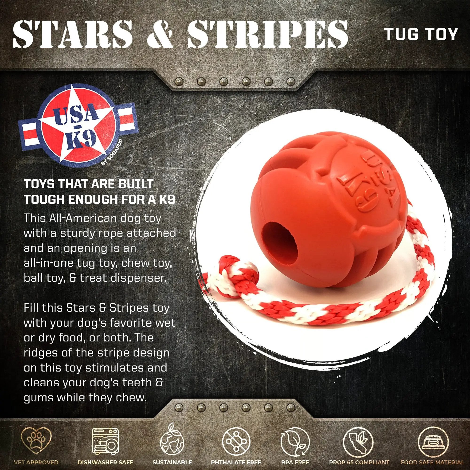 USA-K9 Stars And Stripes Red Rubber Dog Toy For Handlers Ultradurable Natural Rubber Made In Usa by SodaPup/True Dogs, LLC