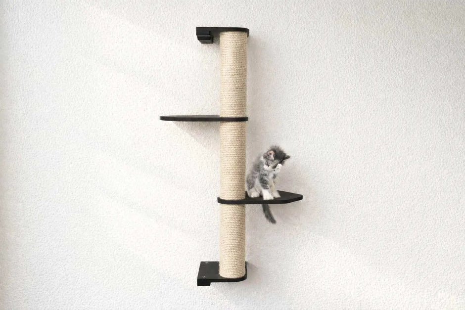 Wall Mounted Cat Climbing Pole - Sisal cat scratcher by Catastrophic Creations; pole with two black platforms