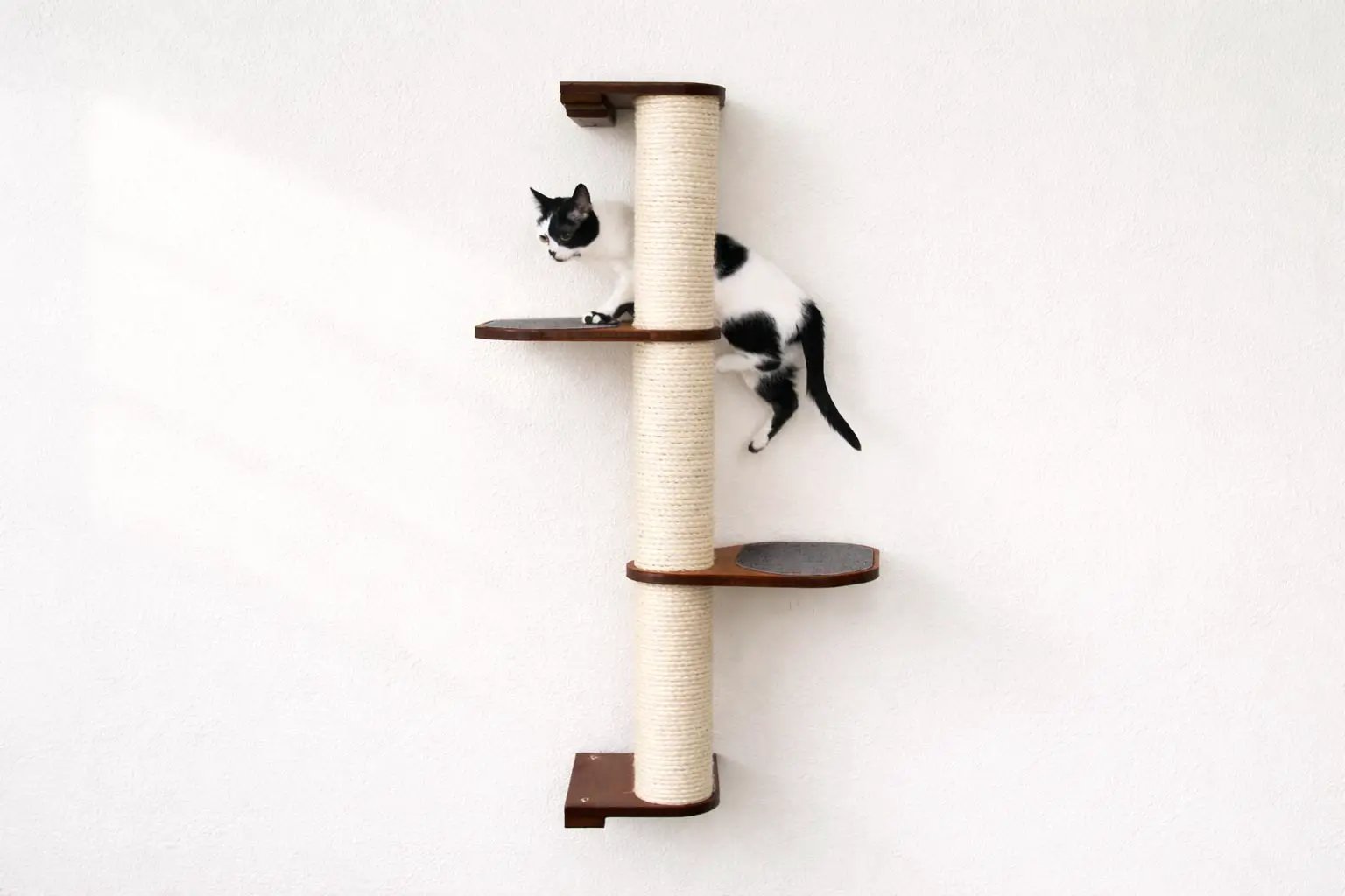 Wall Mounted Cat Climbing Pole - Sisal, sisal-wrapped post with wooden shelves and a cat climbing.