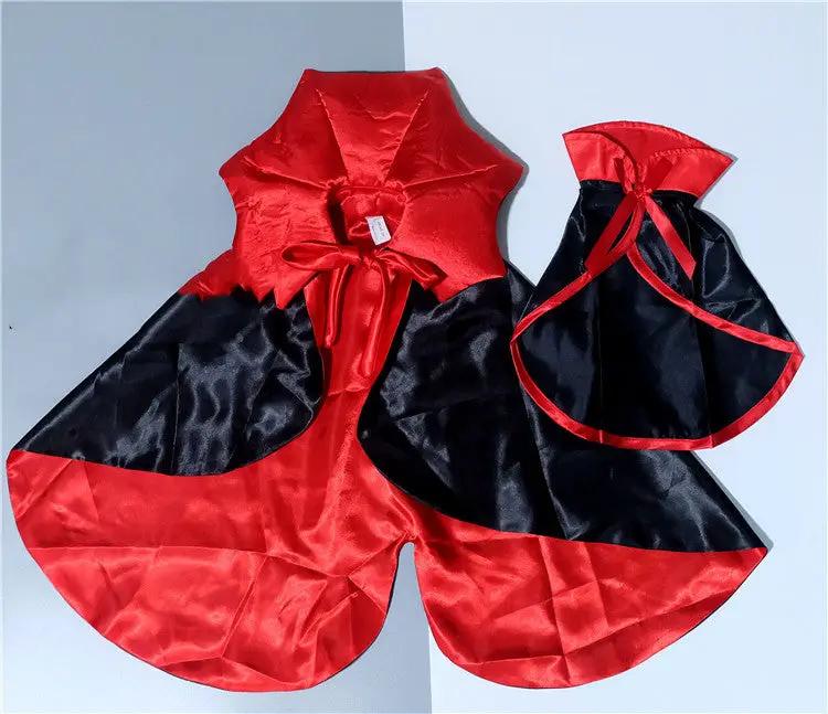 Halloween vampire king pet cape set by Pet Zen, red and black satin, hooded with bow and red edging