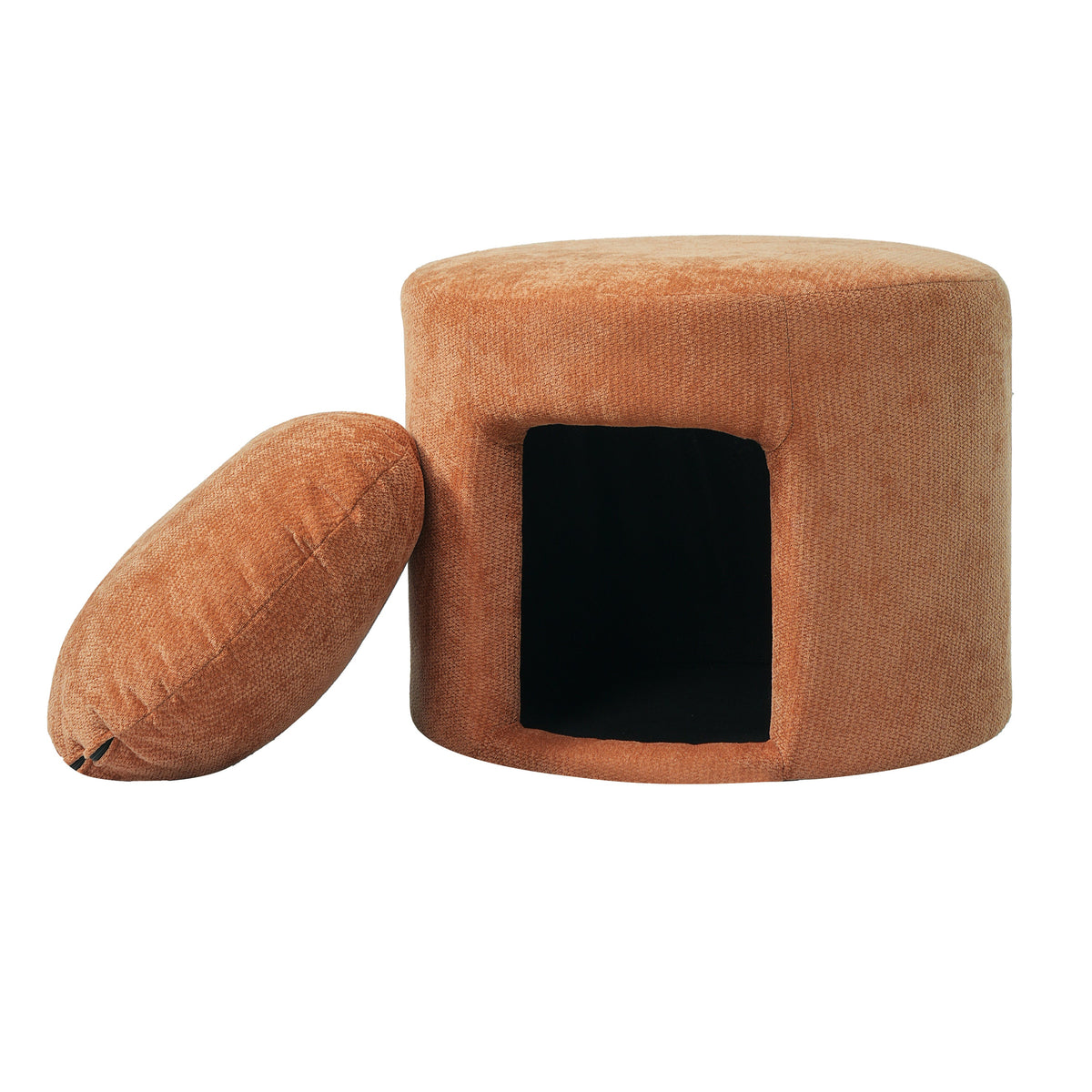 Orange pet-friendly ottoman with removable cushion; textured fabric upholstery.