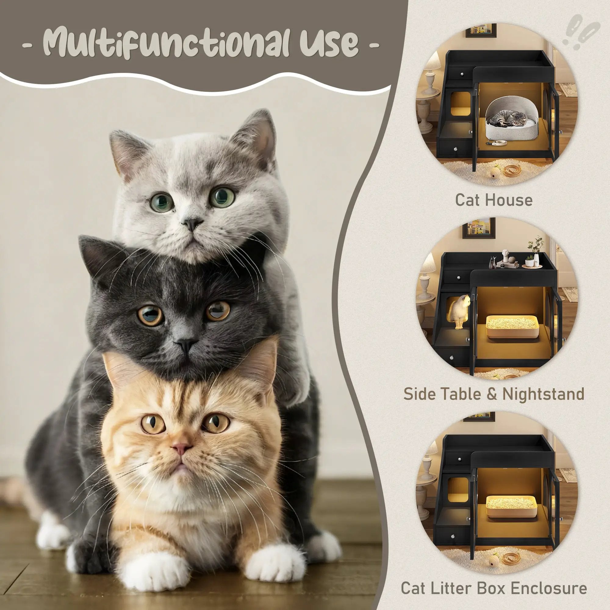 Hidden Cat Litter Box Enclosure multifunctional use with cats, serving as cat house, side table, and litter box.