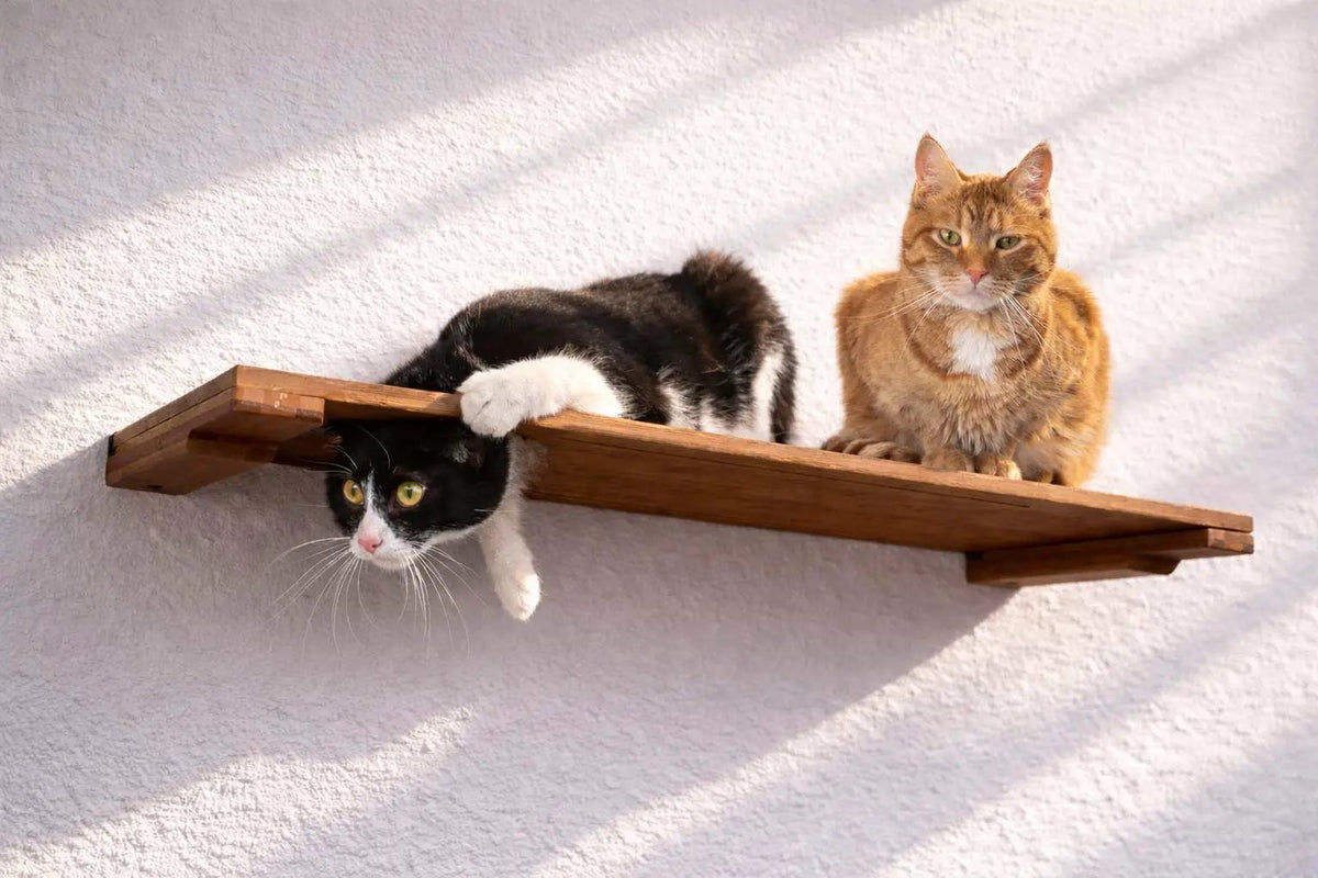 Wall Mounted Cat Shelf with two cats, black-and-white and orange tabby, on a natural wood shelf.