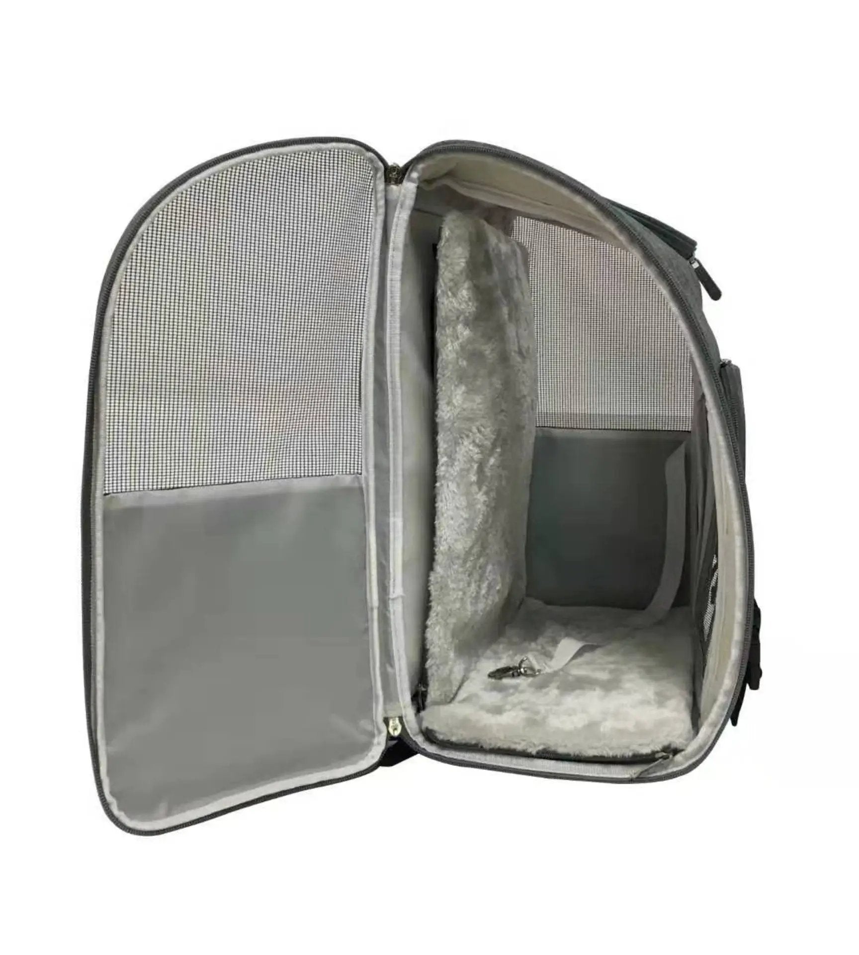 Mr. Peanut's Aspen Series airline compliant backpack pet carrier with gray plush interior and mesh panels