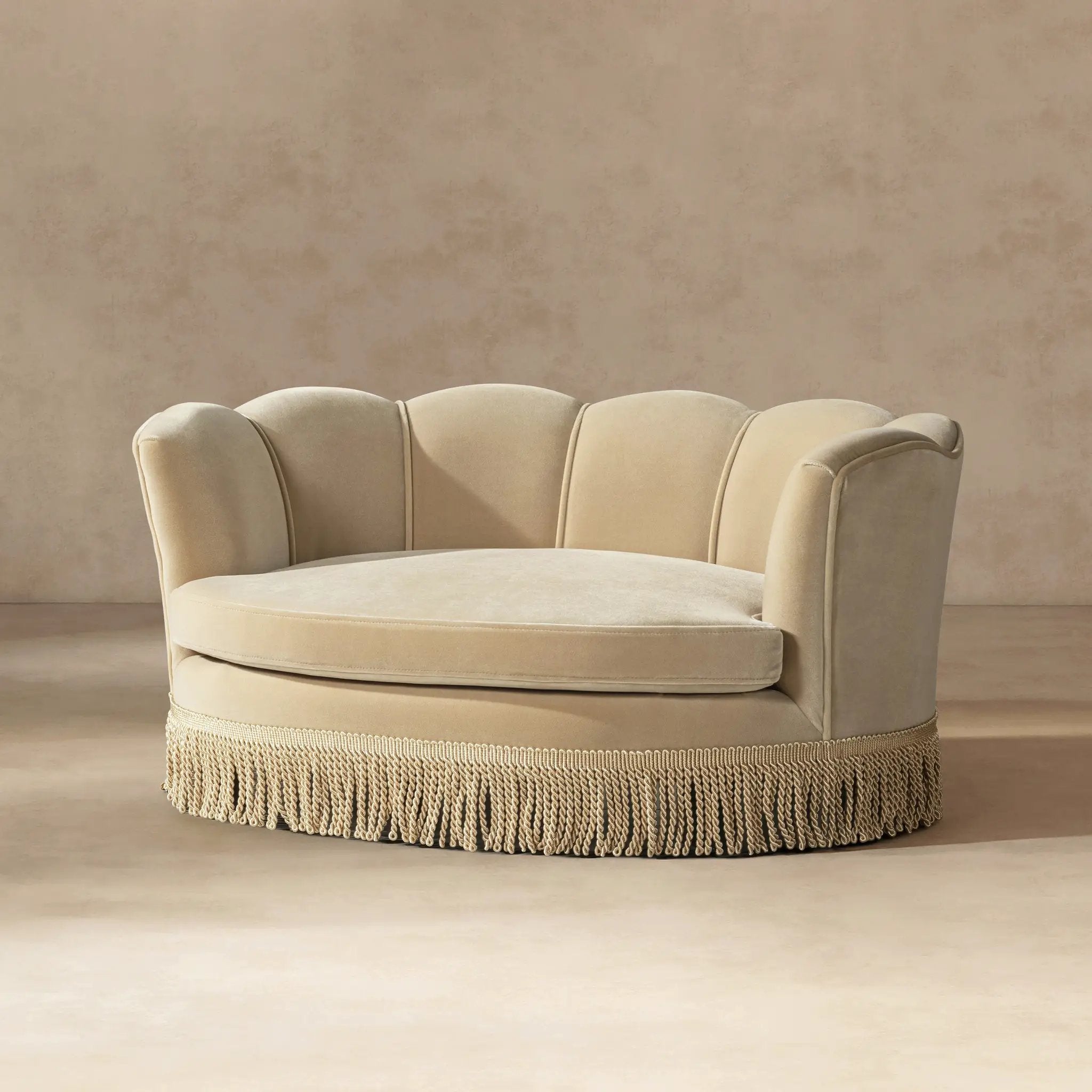 Clara 34.5in Scalloped Pet Sofa Bed, medium, fawn with fringe base