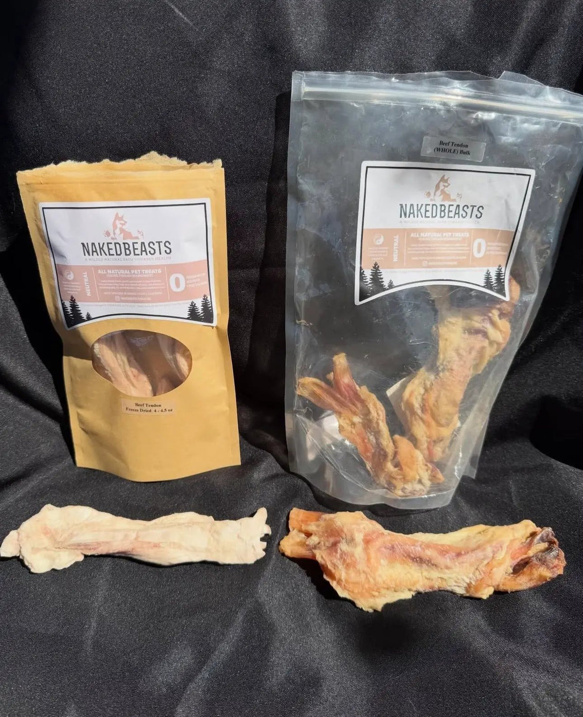 Beef tendon from Naked Beasts, whole and halved, in yellow and gray bags with visible tendon pieces.