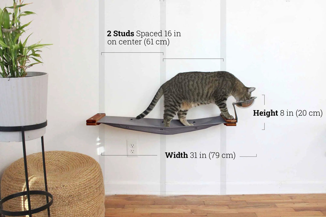 Dog Proof Cat Feeder - Wall-Mounted - Raised cat hammock with feeding bowls by Catastrophic Creations