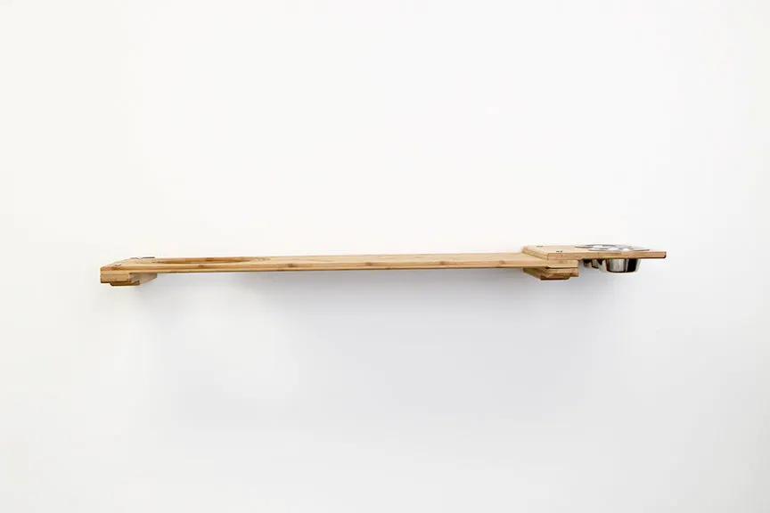 Wall Mounted Cat Feeding Shelf, a long wooden cat shelf with dual metal bowls mounted on the right.