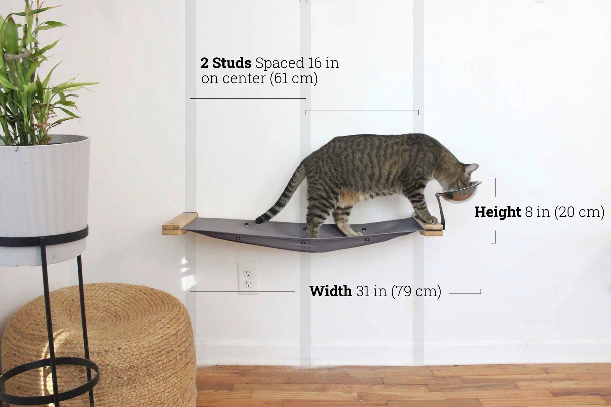 Cat Hammock by Catastrophic Creations, wall-mounted raised feeding platform with bowl.