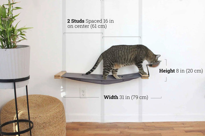 Cat Hammock by Catastrophic Creations, wall-mounted raised feeding platform with bowl.