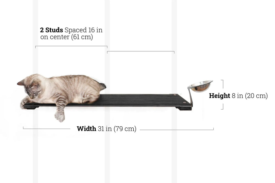 Wall Mounted Cat Feeding Shelf by Catastrophic Creations; black platform with a metal feeding bowl and a cat lying on it.