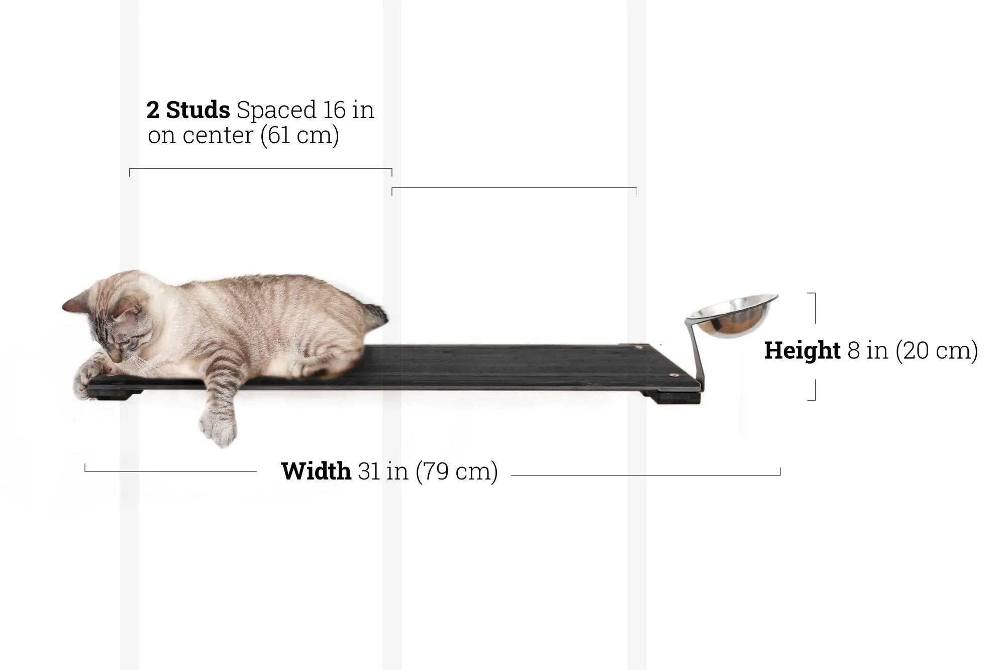 Wall Mounted Cat Feeding Shelf by Catastrophic Creations; black platform with a metal feeding bowl and a cat lying on it.