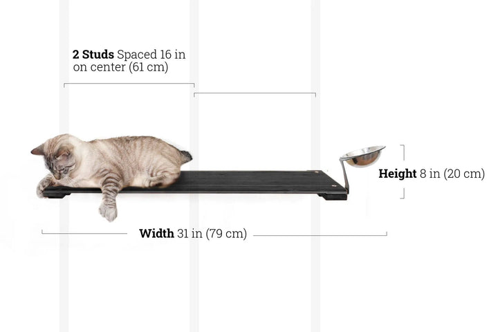 Wall Mounted Cat Feeding Shelf by Catastrophic Creations; black platform with a metal feeding bowl and a cat lying on it.