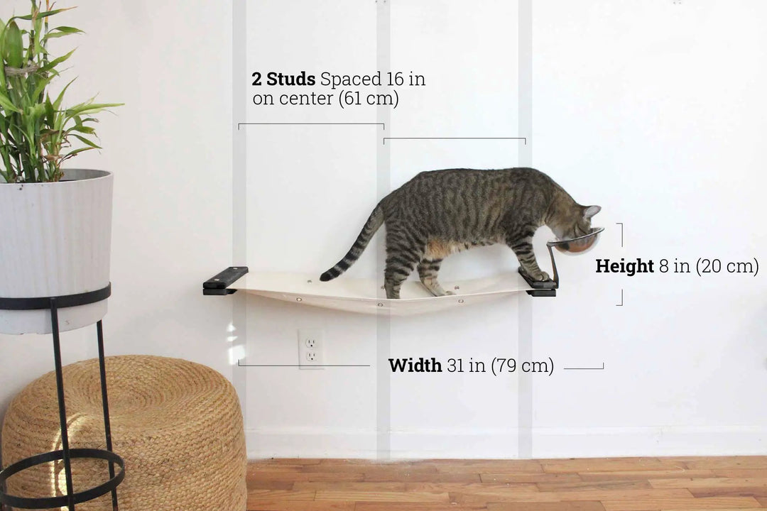 Cat Hammock feeder by Catastrophic Creations; wall-mounted, raised cat platform with attached bowl.