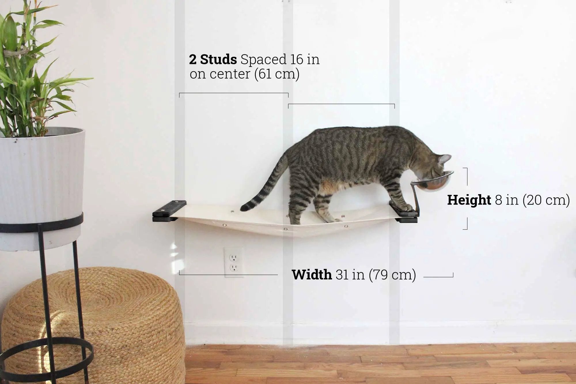 Cat Hammock feeder by Catastrophic Creations; wall-mounted, raised cat platform with attached bowl.