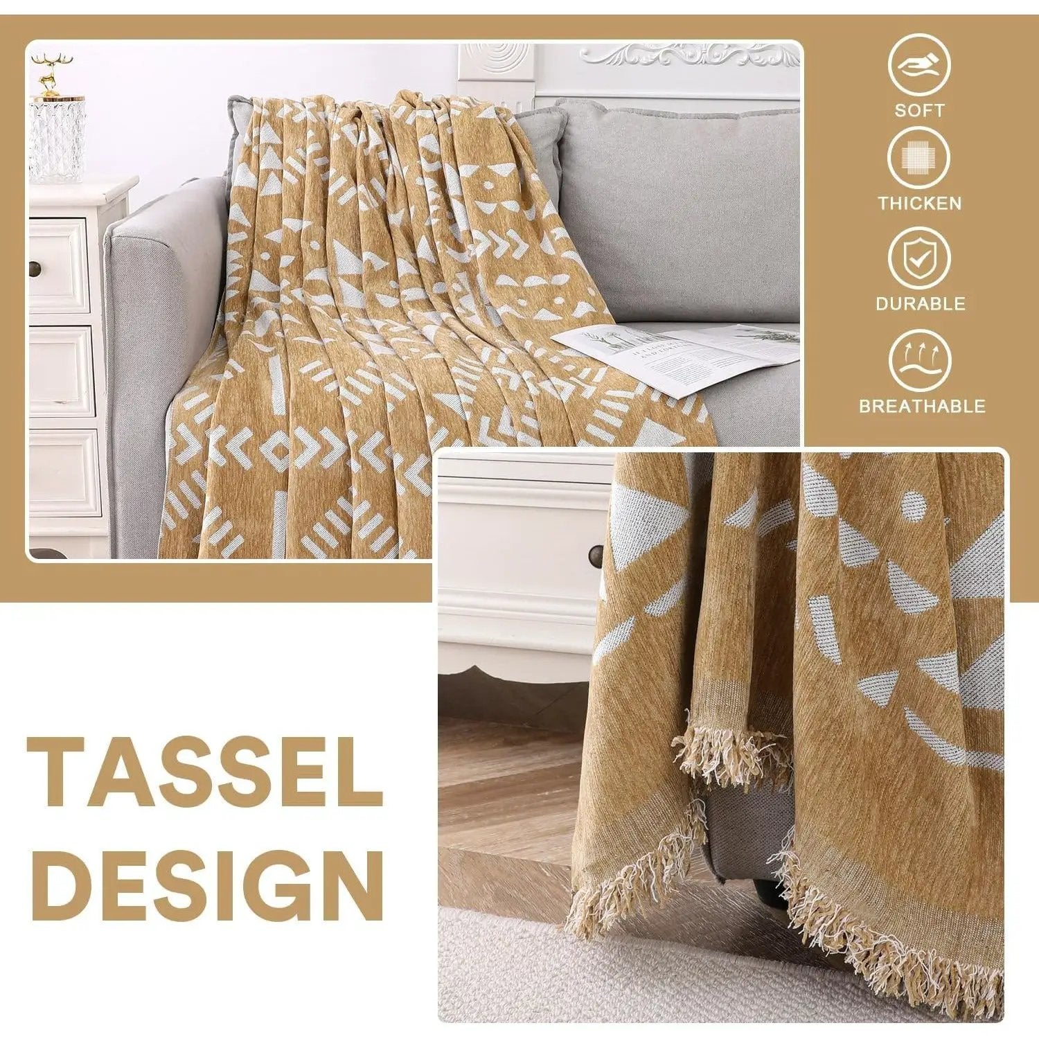 topspet Premium couch cover blanket in tan with white geometric pattern draped over a gray sofa