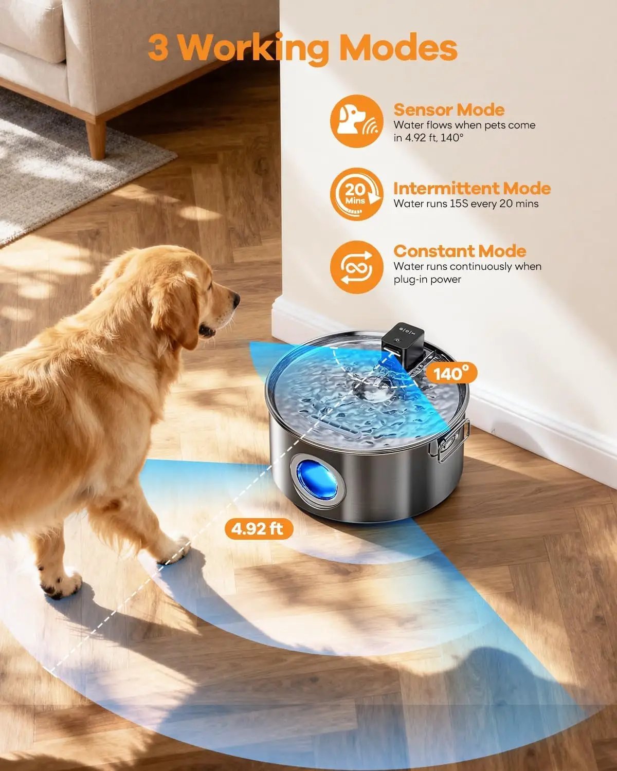 Wireless Dog Water Fountain Stainless Steel 3.4Gal Large Pet Fountain by Wags & Whiskers Pet Supply
