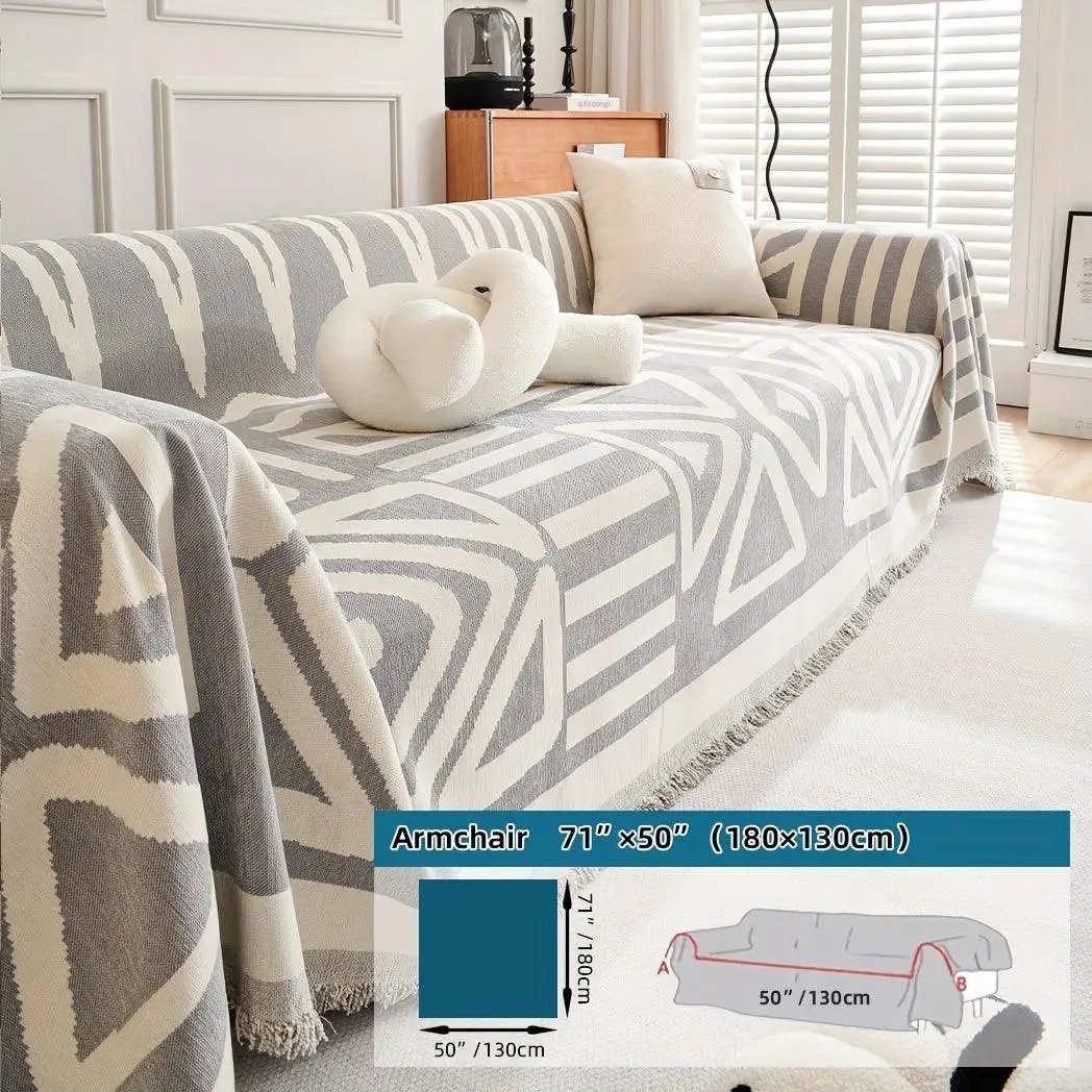 Bohemian-Style Chenille Couch Cover for sofa, extra-long, gray and ivory geometric pattern, anti-dog-scratch